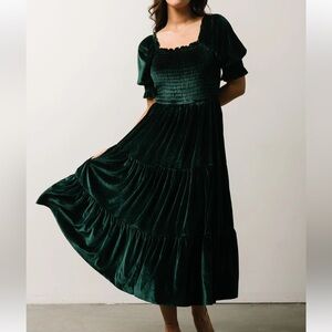 Baltic Born - emerald green, velvet smocked dress M